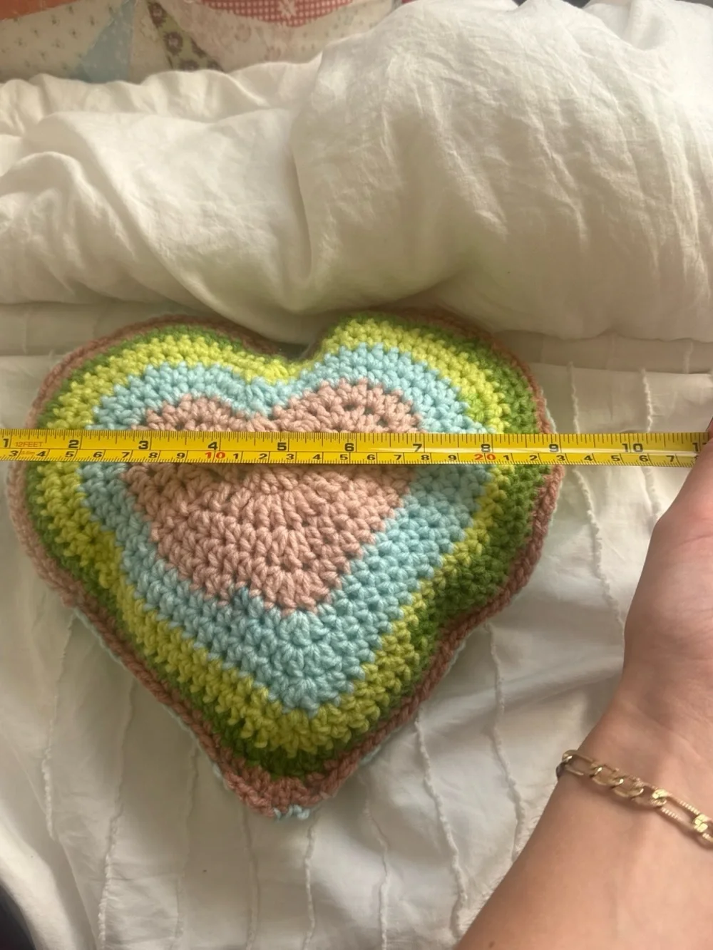 Handmade Crocheted Heart Pillow in Pink, Green & Blue